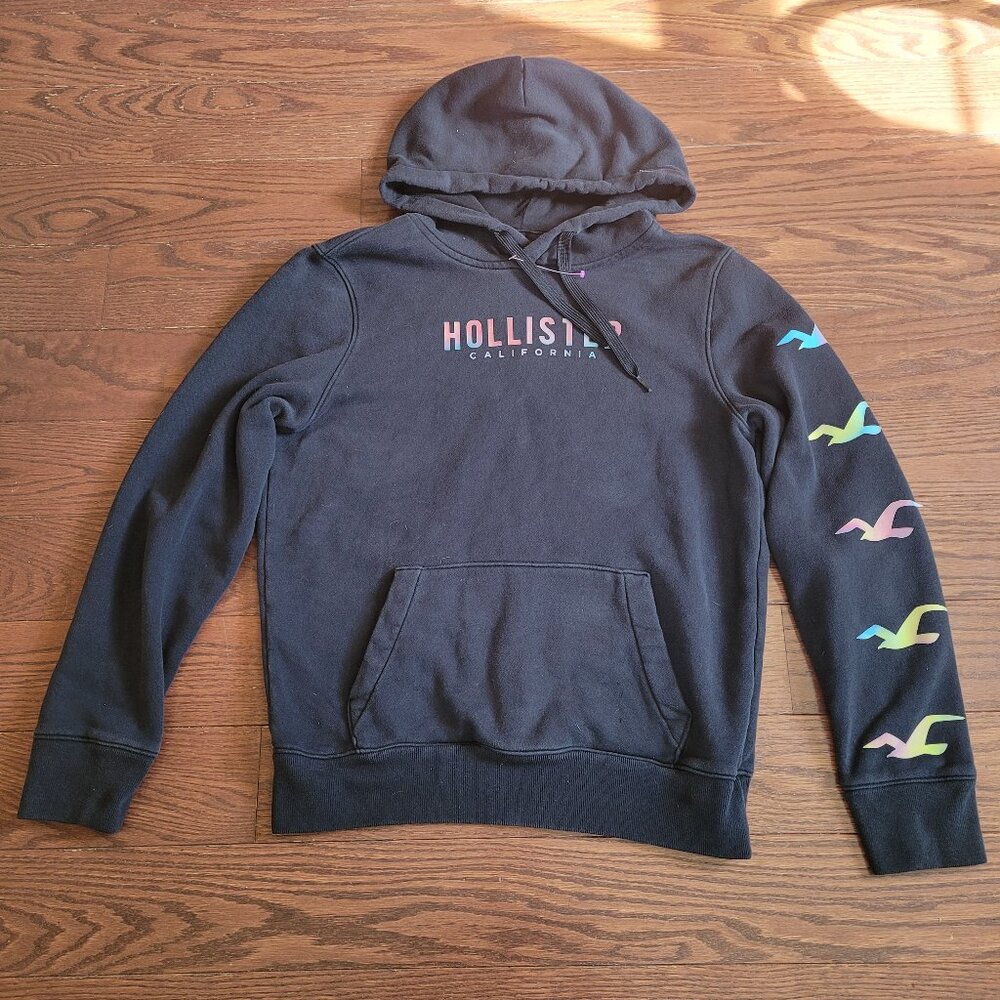 Hollister Men Hoodie Sz M Black Graphic Pullover Y2K Rainbow iridescent Logo